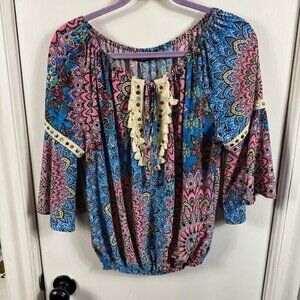 Vanita Rosa Womens Bell Sleeve Off Shoulder Mandala Blouse Pink Blue Size Medium